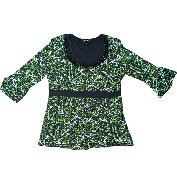 Style & Co- Green/Black/White Blouse --Black sequin neck line - Size Lg - Picture 1 of 5